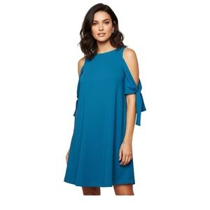 Taylor Cold Shoulder Tie Sleeve Swing Dress Teal Blue Women's Small‎